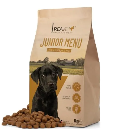 ReaVET Hundefutter Trocken - Junior Menü mit Geflügel 1kg, Weizenfrei, Hundetrockenfutter Junior bis zum 18 Monat, Gesundes Trockenfutter Hund, Hoher Fleischanteil, Für alle Hunderassen