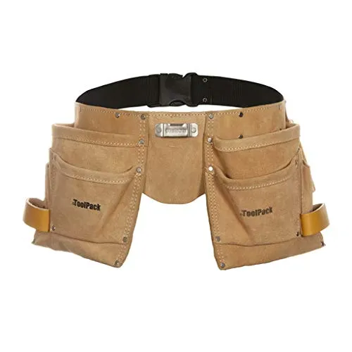 Qpack 366.004 Werkzeuggürtel - Robuster Double Tool Belt - Werkzeuggürtel aus beigem Spaltwildleder mit 11 Fächern, ideal für Handwerker. Er bietet Platz für Werkzeuge und ist mit einem verstellbaren Nylongürtel ausgestattet.