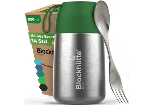 Blockhütte Thermobehälter 530ml - Auslaufsicher und Rostbeständig - Praktischer Thermobehälter mit 530ml Fassungsvermögen, BPA-frei und lebensmittelecht. Ideal für Take-Out, inklusive Göffel und Baumwoll Transportbeutel.