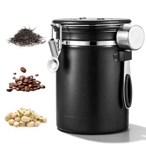 Kaffeedose Luftdicht, 2,8 L Kaffeebohnenbehälter Vakuum, Kaffeebohnen Behälter mit CO2-Ventil und Messlöffel, Luftdichte Edelstahl Kaffeedose mit Datumsanzeige für Kaffeebohnen Tee Zucker (Schwarz)