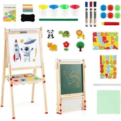 COSTWAY 3 in 1 Kinder Staffelei aus Holz – Höhenverstellbar mit Whiteboard & Kreidetafel - Vielseitige 3 in 1 Staffelei für kreativen Spaß! Höhenverstellbar von 86 cm bis 150 cm, ideal für Kinder jeden Alters. Inklusive umfassendem Zubehör für unendliche Malmöglichkeiten.