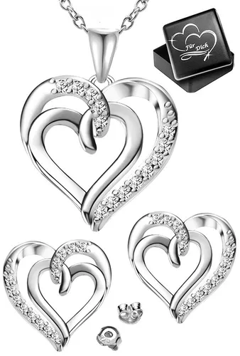 925 Silber Herz Kette mit Ohrringen – Geschenkset für Damen - Elegantes Schmuckset aus 925 Sterlingsilber mit verstellbarer Kettenlänge. Ideal als Geschenk für besondere Anlässe wie Geburtstage oder Jubiläen. Inklusive Herzgravur auf der Schmuckbox.