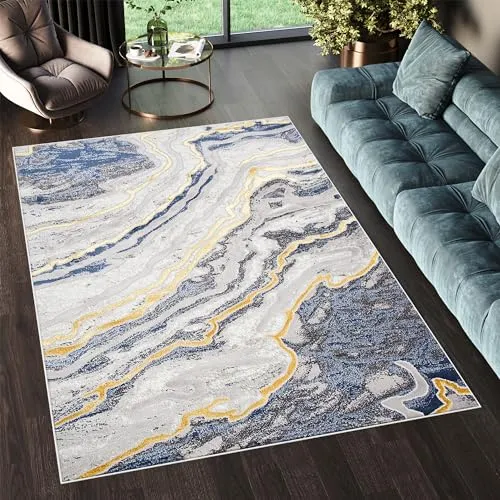 TAPISO Shine Teppich Kurzflor Grau Hellgrau Blau Gold Marmor Wohnzimmer Schlafzimmer 3D Optik Modern Design ÖKOTEX 80 x 150 cm
