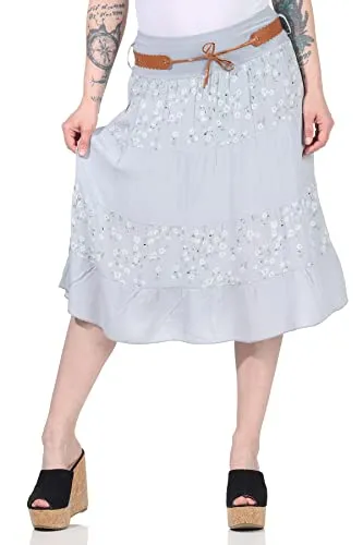 ZARMEXX Damen Midirock Baumwollrock Sommerrock Knielang mit Gürtel Rock mit Blumenmuster (hellgrau)