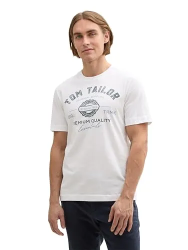 TOM TAILOR Herren T-Shirt mit Logo-Print aus Baumwolle, White, XL