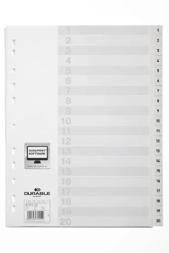 DURABLE Aktenordner Register A4 1-20 PP weiß - Ordner für A4-Papiere, aus robustem PP mit beschriftbaren Taben 1-20, ideal für die übersichtliche Organisation von Dokumenten.