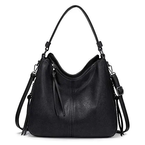 Realer Handtasche Damen Mittelgroß, Shopper Tasche Groß, PU Leder Schultertasche Umhängetasche, Vintage Hobo Bag für Büro Arbeit Einkauf, L, Schwarz