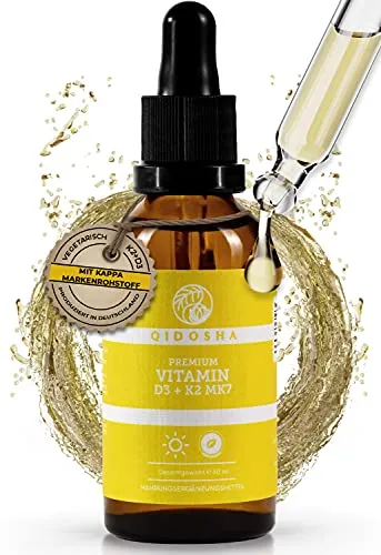 QIDOSHA® Premium Vitamin D3 K2 Tropfen, 50 ml, Wirkstoffmenge in externem Labor bestätigt, 1000 I.E. Vitamin D3 je Tropfen, hoch bioverfügbar durch K2 All-Trans, vegetarisch, Vitamin D Tropfen mit K2