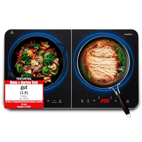 MEDION Doppel-Induktionskochplatte MD18493 - 3500 Watt, zwei Kochplatten, 10 Temperaturstufen und automatische Topferkennung für schnelles und sicheres Kochen