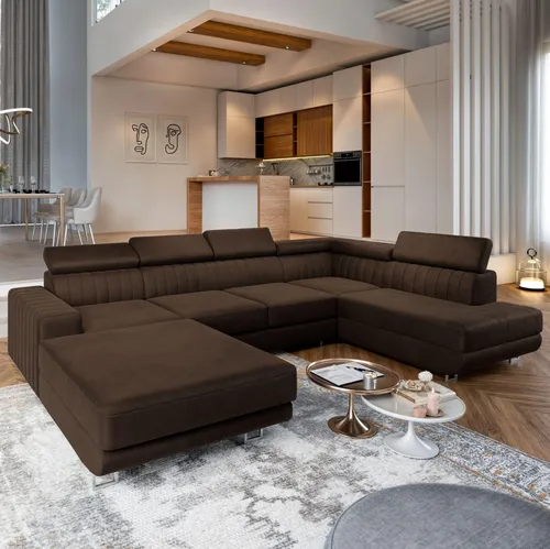Masseno Ecksofa SIENA R-S mit Schlaffunktion - Sofa mit Bettkasten und verstellbaren Kopfstützen, ideal für Wohnzimmer und Gästezimmer, in elegantem Braun - MONOLITH 29.
