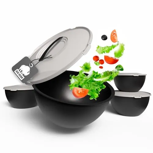BigDean Salatschüssel Set groß mit Deckel, Schüssel 4 Größen 0,7-6 L in Anthrazit Schwarz, Kunststoff BPA-frei Salatschüssel Made in Germany