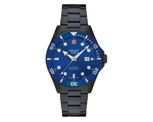 Swiss Alpine Military Herren Uhr Automatik 7095.2175SAM - Elegante Automatik-Armbanduhr für Herren mit 44 mm Gehäuse, Datumsanzeige und blauem Zifferblatt. Robustes Edelstahlarmband mit Taucherverschluss, ideal für den sportlichen Alltag.