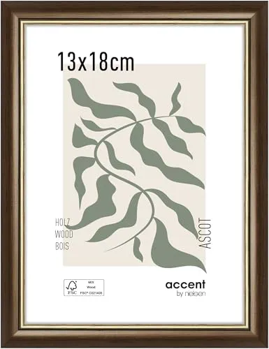 accent by nielsen Bilderrahmen, 13 x 18 cm, Holz, Braun, Fotorahmen zum Auftstellen und Aufhängen im Hoch- & Querformat, Echtglas, Ascot