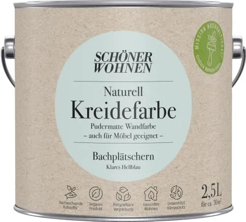 Schöner Wohnen 2,5L Naturell Kreidefarbe Bachplätschern - Farben in klarem Hellblau, ideal für kreative Wandgestaltungen mit mattem Glanzgrad und umweltfreundlicher Formel.