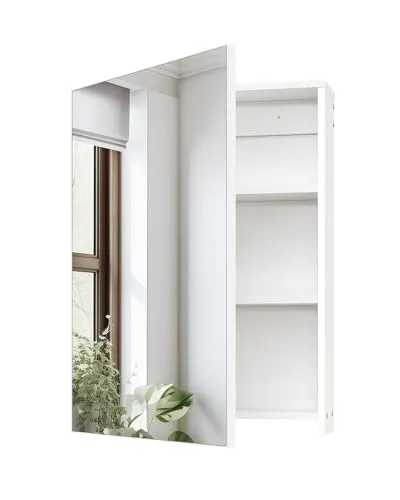 CHOEZON Spiegelschrank, Badezimmerschrank, Wandschrank mit Spiegel, Hängeschrank mit verstellbaren Regalen, an der Wand montierter Badschrank, hängende Aufbewahrung für Badezimmer, Weiß