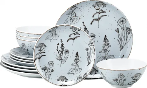 CreaTable Vintage Flowers Tellerset 12-tlg - Elegantes 12-teiliges Geschirrset aus Steinzeug im rustikalen Vintage Look. Ideal für jeden Anlass, spülmaschinen- und mikrowellengeeignet für langanhaltende Freude.