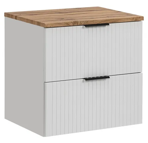 Lomadox Waschbeckenschrank ADELAIDE-56-WHITE - Waschbeckenunterschrank 60 cm in matt weiß mit Wotaneiche, modernes Design mit Rillenoptik und Softclose-System für geräuschloses Schließen. Ideal für stilvolle Badezimmer.