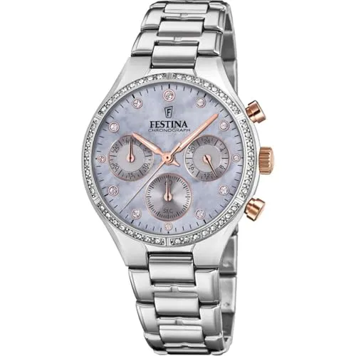 Festina Damen Chronograph F20401/3 - Elegante Quarz Uhr - Armbanduhren für Damen, mit 36 mm Edelstahlgehäuse und blauem Perlmutt-Ziffernblatt, verziert mit Zirkonia und roségoldenen Zeigern, ideal für jeden Anlass.