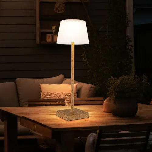 Tischleuchte Außen Tischlampe Holzoptik mit Touchdimmer - Tischleuchte in Holzoptik mit dimmbarem LED-Licht, ideal für Garten und Innenräume. Spritzwassergeschützt (IP44) und mit integriertem Akku für flexiblen Einsatz.