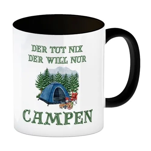speecheese Campen Kaffeebecher in schwarz mit Spruch Der tut nix der will nur Campen Outdoor Camping Becher Zelt Wohnwagen Liebhaber Wohnmobil Lagerfeuer Camper
