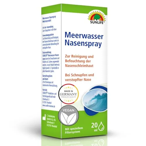 SUNLIFE Meerwasser Nasenspray 20 ml - Nasenspülung mit Meersalz - Nasenspray gegen Schnupfen - Spray zur Reinigung & Befeuchtung der Nasenschleimhaut - Isotonische Meersalzlösung