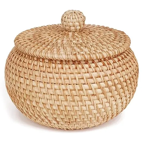 Kopinma Rattan Aufbewahrungskorb mit Deckel, Brotkorb Geflochten, Organizer Box für Süßigkeiten, Rattan Snacks Korb, Schlüssel Dekoschalen, Schrankkörbe, Schmuck Organizer, Dekorativer Geschenkkorb