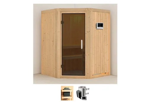 Karibu Sauna Nanna - 151 x 151 cm, 3,6 kW Plug & Play Ofen - Innensauna für entspannende Wellnessmomente, fördert die Gesundheit durch regelmäßige Saunagänge und wirkt entspannend auf Muskeln und Haut.