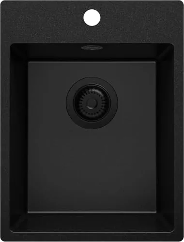 PRIMAGRAN Spülbecken Alles Schwarz 38x50cm, Granitspüle 1 Becken + Ablauf-Set, Küchenspüle ab 40er Unterschrank - Riga S007