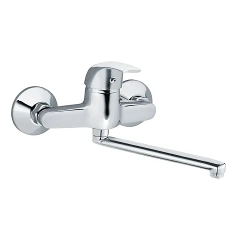 Wasserhahn Küche Wandmontage, Einhebelmischer mit langem Auslauf - Spültischarmatur für Wandmontage mit 360° schwenkbarem Auslauf. Robuste Messing- und verchromte Ausführung, inklusive S-Anschlüssen und Dichtungen für einfachen Anschluss.