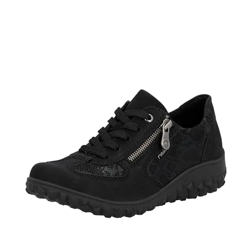 RIEKER Keilsneaker Damen Gr. 38 schwarz - Sportlich eleganter Keilsneaker aus schwarzem Nubuklederimitat mit Reißverschluss und 4 cm Absatzhöhe, ideal für Freizeit und Alltag.