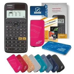 Casio FX-87 DE X Taschenrechner Tasche pink, Folie, Fachbuch & Zirkel Set