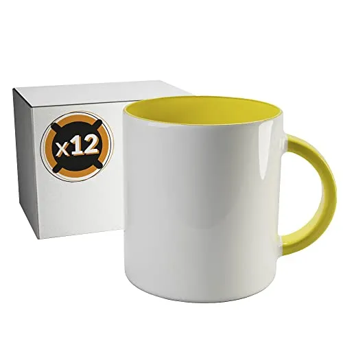 PixColor Cricut – 12 weiße Keramik-Sublimationstassen mit gelber Innenseite | Einzelverpackung | 350 ml | Kategorie AAA | Mikrowellen- und spülmaschinengeeignet