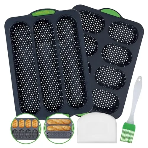 Silikon Brötchen Backform Set, Mini Baguette Backblech - Französisches Brot- & Baguette-Pfannen: Hochwertige Silikonformen mit Antihaftbeschichtung für gesundes, knuspriges Brot. Inklusive Ölpinsel und Silikonschneider – ideal für Backanfänger und Profis!