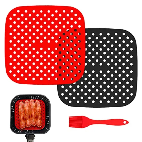 XPOOP 2 Stück Airfryer Liners Wiederverwendbare Luftfritteuse Einsätze, Silikon-Konstruktion, Silikon, Luftfritteuse Matten, Quadratisch, Rot
