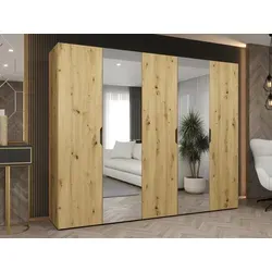 MIRJAN24 Kleiderschrank Malaga 250 mit Spiegel - Schwebetürenschrank in Artisan Eiche, 250 cm breit mit praktischem Frontspiegel und gedämpftem Schließsystem für leises Öffnen und Schließen. Ideal für stilvolle Garderoben.
