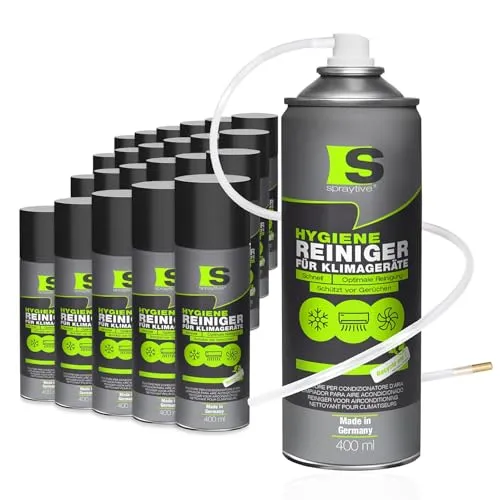 Spraytive 24 x 400ml Hygiene Reiniger für Klimageräte - Klimaanlagenreiniger für Auto & Haus, Geruchsentferner Spray, langanhaltend, erfrischend, Haus-Klimaanlage reinigen, mit Schlauch & Messingdüse