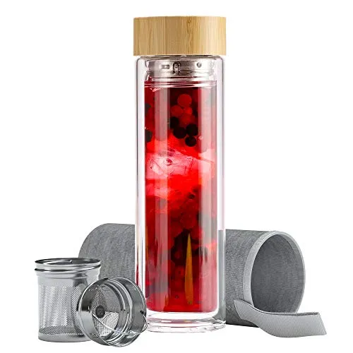 EAZY CASE Teeflasche aus Glas mit Bambus Deckel - Teekanne für unterwegs mit Edelstahl-Teesieb und Neoprenhülle, hält Getränke bis zu 2 Stunden warm und ist auslaufsicher.