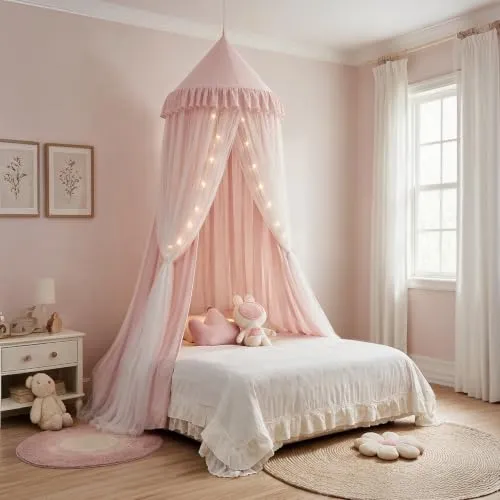 Mallify Moskitonetz Betthimmel mit Sternenlichtern, atmungsaktiv & waschbar Doppelte Lage Baldachin für Mädchen Prinzessin Kinderzimmer, 65 cm x 269 cm, Rosa