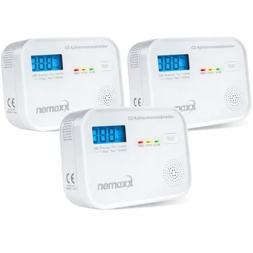 NEMAXX® 3-Pack CM18 Kohlenmonoxid-Melder - Zuverlässiger CO-Warnmelder mit 10 Jahren Lebensdauer, 85 dB Alarm und einfachem Batteriebetrieb. Ideal für Zuhause und Heizungskeller – für Ihre Sicherheit im Alltag!