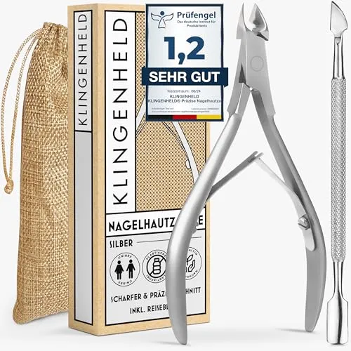 KLINGENHELD® Präzise Nagelhautzange inkl. 1 Nagelhautschieber - Sehr leichtgängig & extra scharf - inkl. Reise-Etui aus Baumwolle 100% plastikfrei & nachhaltig - Nagelhautschere, Nagelhautschneider