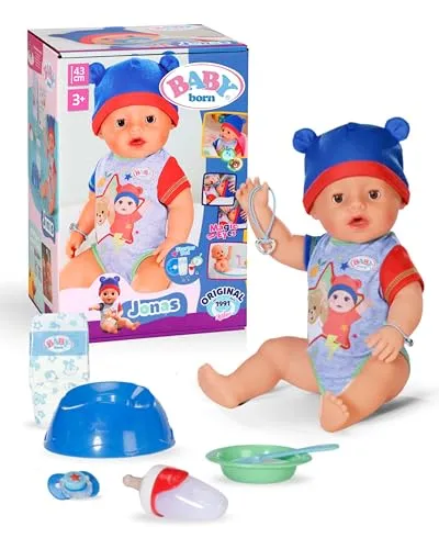 BABY born 836415 Jonas - 43cm Babypuppe mit 10 Funktionen, inklusive Wasserzauber und Schnuller-Augenschließmechanismus, ideal für Kinder ab 3 Jahren