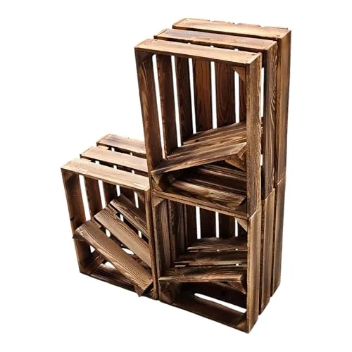 Teramico 3er Set Holzkiste Weinkiste Obstkiste GEFLAMMT 40cm x 30cm x 25cm - Vielseitige Aufbewahrungslösung - 3 x Holzkisten mit separatem Boden für individuelle Nutzung. Ideal für Bücher, Pflanzen oder als Regal. Rustikales Design bringt Gemütlichkeit in jeden Raum. Stapelbar und robust – perfekt für Innen- und Außenbereiche.