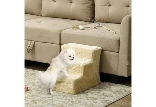 PawHut 3-stufige Haustiertreppe mit abnehmbarem Bezug - Tiertreppen für einfaches Erreichen von Sofas und Betten - sanfte Unterstützung für ältere oder bewegungseingeschränkte Haustiere mit weichem Flanellbezug.