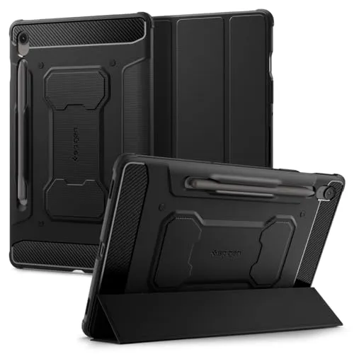 Spigen Rugged Armor Pro Hülle für Samsung Galaxy Tab S10 FE+ (2025) - Schwarz - Tablet-PC-Zubehör mit S Pen Halter und Ladeunterstützung, bietet erstklassigen Schutz durch Air Cushion Technologie und stilvolles Design.