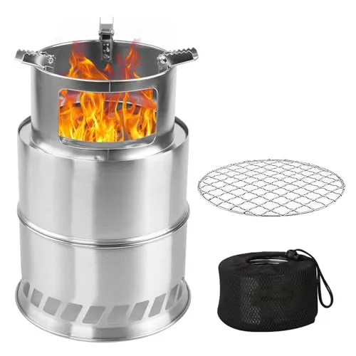 Tragbarer Camping Holzofen aus Edelstahl mit Grillnetz-Platte