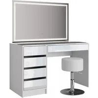 Vicco Schminktisch Sherry mit LED-Spiegel und Hocker - Weiß Hochglanz 120 cm - Eleganter Schminktisch mit LED-Beleuchtung und Hocker, bietet vier praktische Ablagen und einen großen Spiegel für ein optimales Styling-Erlebnis.