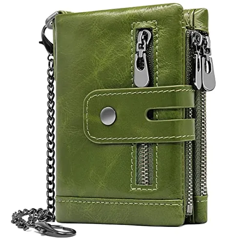REETEE Damen Geldbörse klein Geldbeutel Damen Leder Reißverschluss Geldbörsen RFID Schutz Damengeldbörse mit Kette,Doppelte Falte Damen Portemonnaie 16 Kartenfächer Mädchen Brieftasche (Grün)