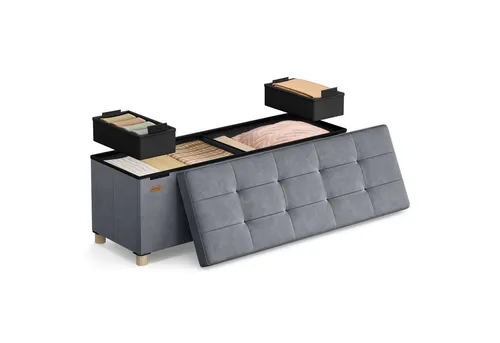 SONGMICS Sitzbank mit Stauraum, faltbar, 38 x 110 x 40 cm, Flur Wohnzimmer Schlafzimmer, mit Deckel, Fußhocker 112 L, Samt, bis 300 kg belastbar, schiefergrau