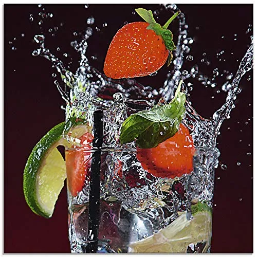 ARTland Wanddeko Glasbilder Wandbild Glas Bild einteilig Quadratisch Früchte im Wasser Cocktails Frucht Bar Erdbeere Limette EIS Sommer S6BG