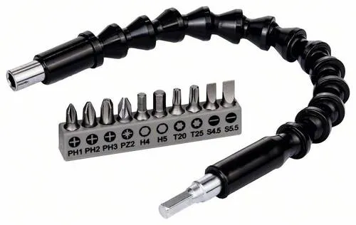 Bosch 11-teiliges Bit-Set mit flexibler Verlängerung - Praktisches 11-teiliges Bit-Set für vielseitige Einsatzmöglichkeiten. Mit flexibler Kunststoff-Verlängerung (300 mm) und verschiedenen Bits für jede Herausforderung im Bohrzubehör.